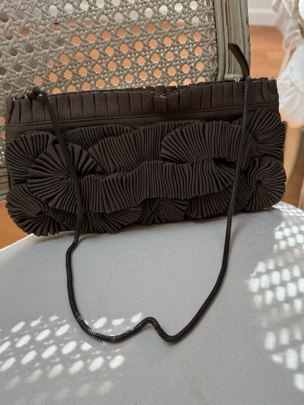 Pleated Floral Detail Brown Evening Clutch with Cord Strap